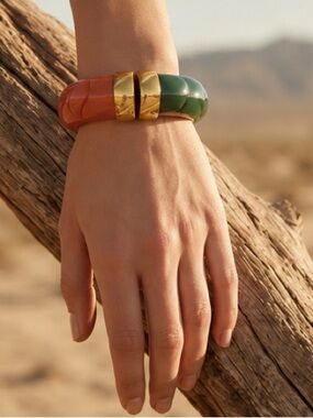 Chunky Green Amber Gold Bangle Bracelet